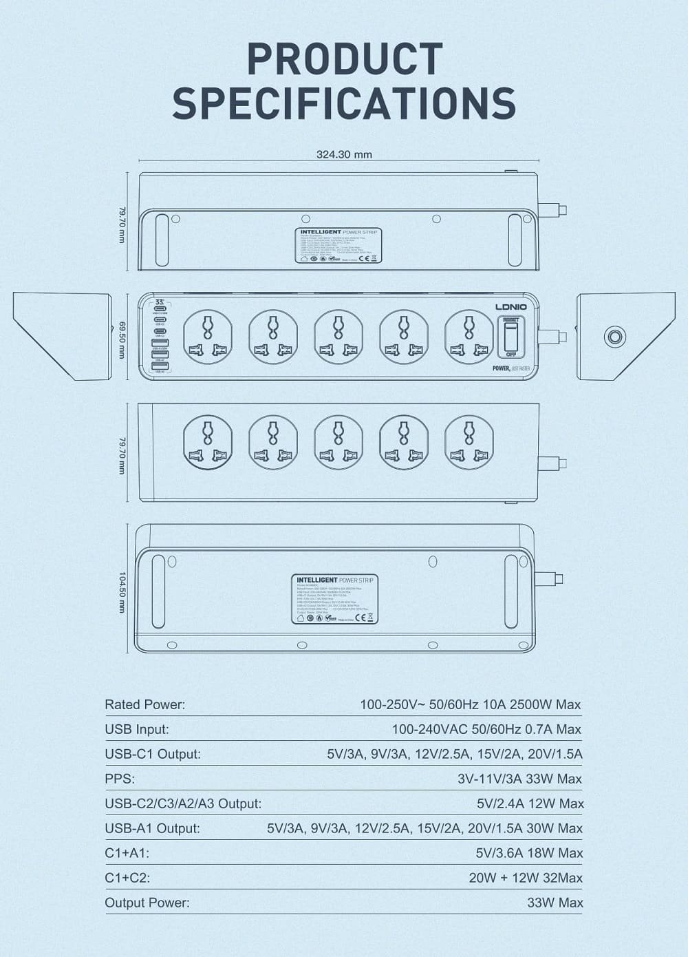 LDNIO SC10610C Universal Power Strip with 10 Sockets 3 USB-A & 3 USB-C Ports 12 LDNIO SC10610C Universal Power Strip